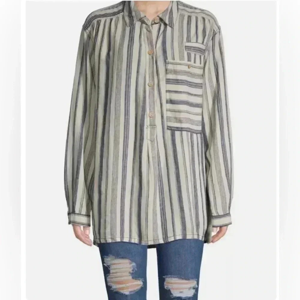 Free People We The Free Striped Linen Blend Button Up Shirt (00762)